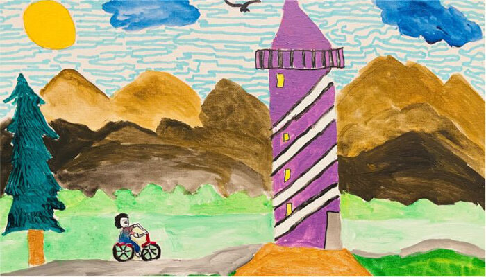 Sandy's painting of a landscape, featuring a person on a bike and a purple and white lighthouse, and some mountains in the background.