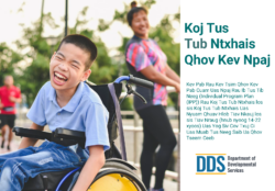 A photo of a youth outdoors smiling and wearing a blue shirt and blue jeans sitting in a wheelchair. There is a person standing in the background looking over. The title “Your Youth's Plan” appears in large text, with the subheading “Support for Building Your Youth or Young Adult's (ages 4-22) Individual Program Plan (IPP) Using Person-Centered Tools” beneath it translated into Hmong. The Department of Developmental Services (DDS) logo is at the bottom.
