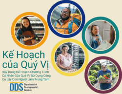 Five circular photos, each depicting individuals engaged in different activities. The title “Your Plan” and the subtitle “Building Your Individual Program Plan Using Person-Centered Tools” are translated into Vietnamese. The Department of Developmental Services (DDS) logo is at the bottom. The five photos highlight diverse individuals, including a young woman with Down syndrome holding a tablet, a man hiking with a backpack, a woman applying makeup, a woman in a bakery preparing food, and a man harvesting vegetables in a garden. Each image is framed by a colorful circle.