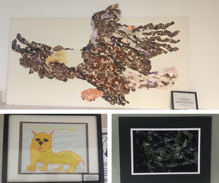 Collage of three different artworks featuring: an eagle (top), a yellow cat (bottom left), and a dark abstract painting (bottom right). 