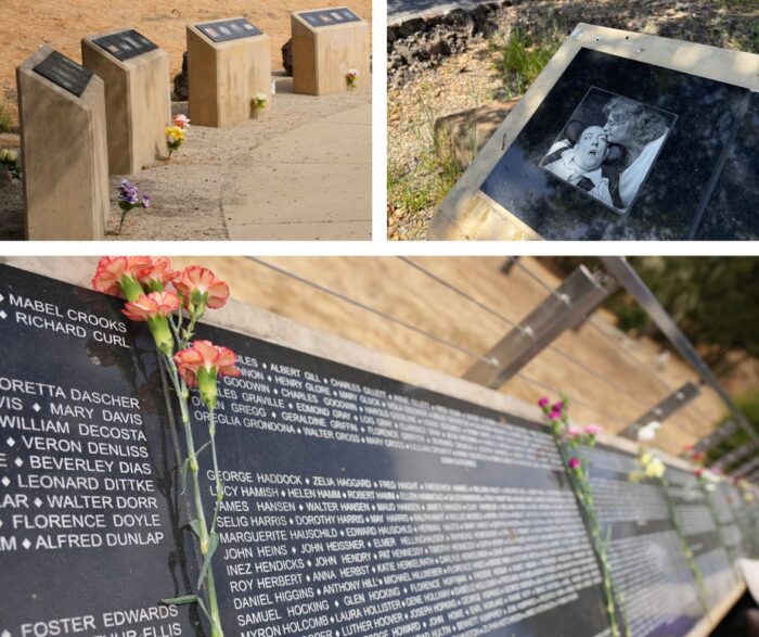 Collage of details from the Eldridge Cemetery and the Memorial including a close up of the name inscriptions.