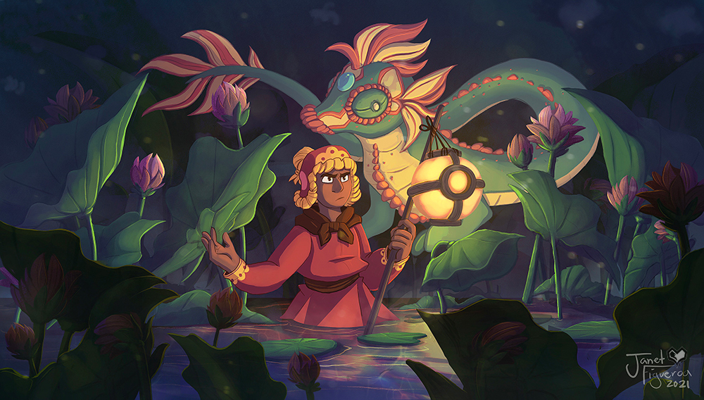 Illustration of a woman partially submerged in a pond and carrying a lantern, surrounded by lily pads and flowers. A mystical animal akin to a giant seahorse hovers behind her.