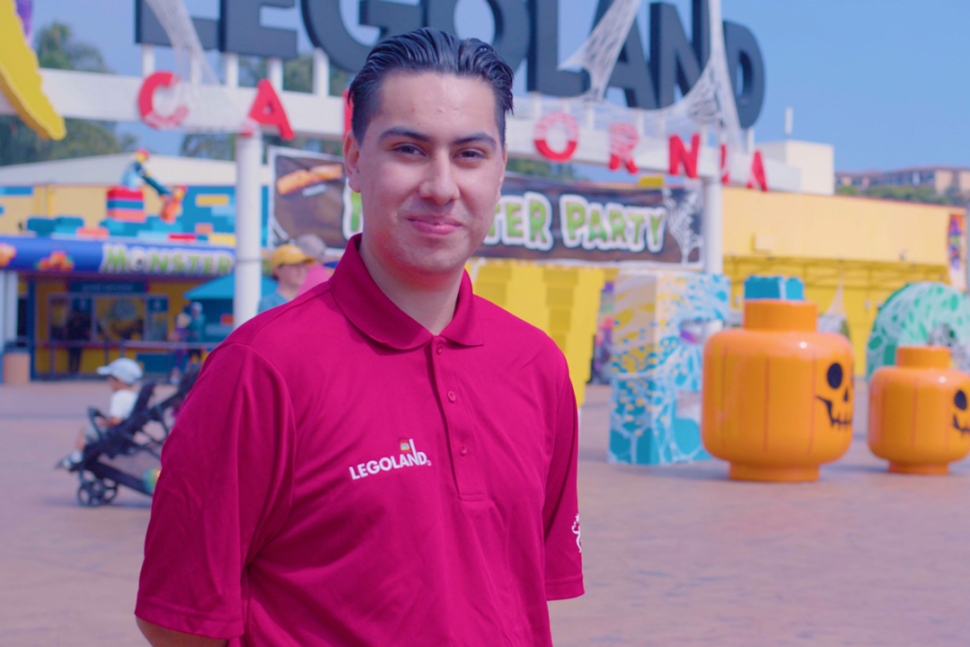 Ramon Avitia at the entrance of Legoland California.