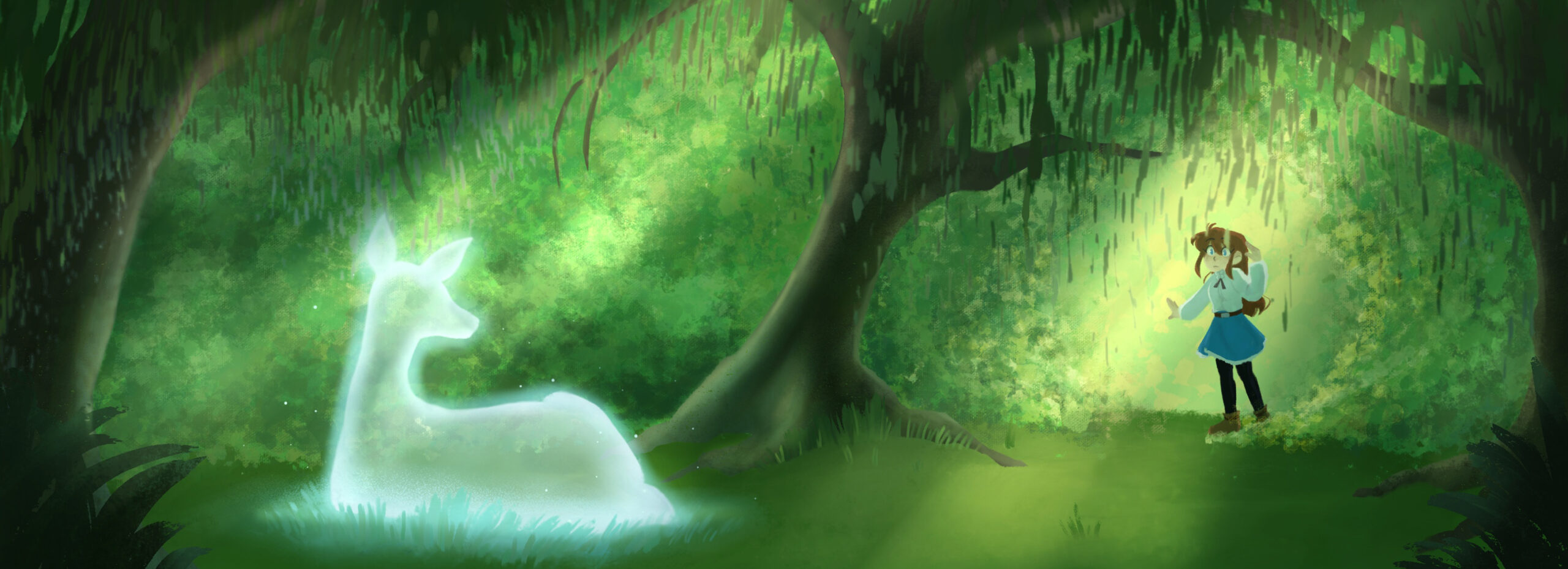 Illustration of a girl, a tree and a luminescent deer.