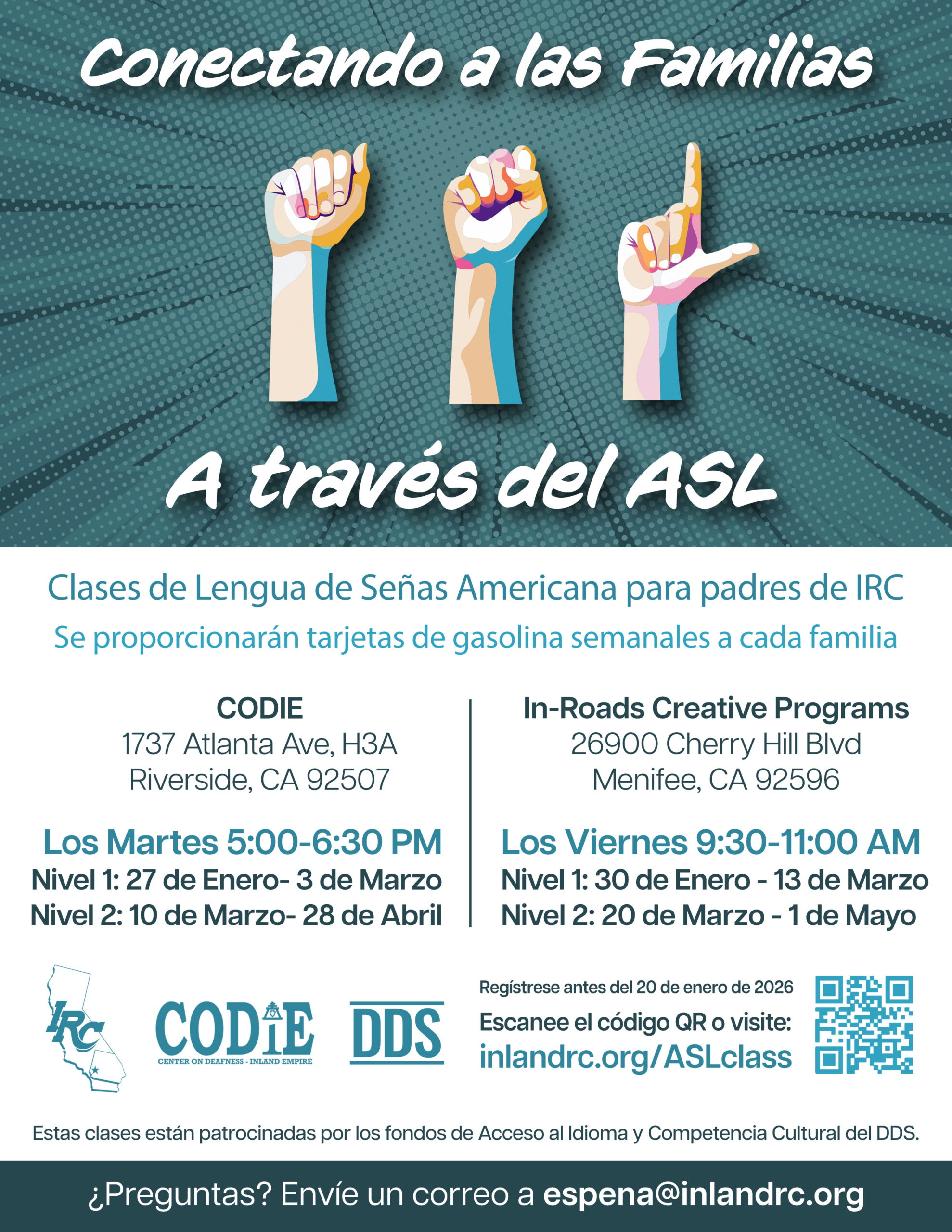 American Sign Language Classes for IRC Parents Flyer in Spanish